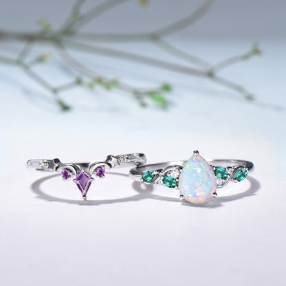 Opal and Emerald Wedding Ring Set, Pear Shaped Opal Ring, 14K White Gold Boho Engagement Ring, Unique Gift - PENFINE
