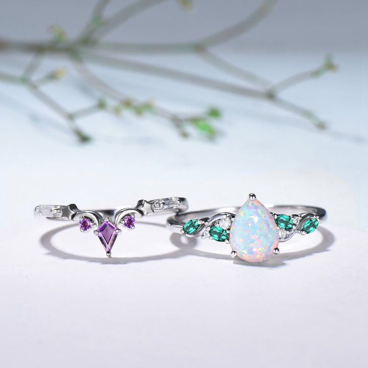 Opal and Emerald Wedding Ring Set, Pear Shaped Opal Ring, 14K White Gold Boho Engagement Ring, Unique Gift - PENFINE