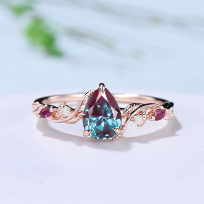 Vintage Pear Shaped Alexandrite Engagement Ring Set Nature Inspired Opal Ruby Wedding Ring Set Unique Celtic Norse Viking Bridal Ring Set - PENFINE
