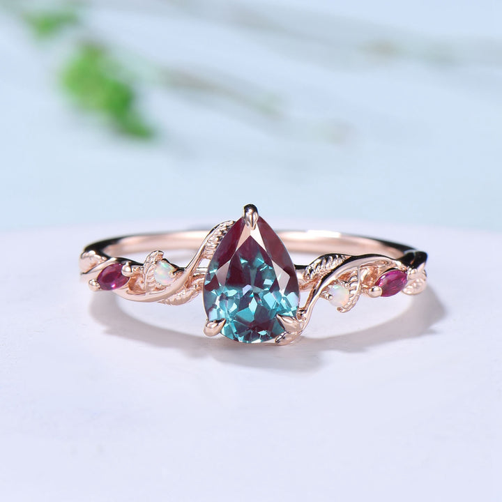 Vintage Pear Shaped Alexandrite Engagement Ring Set Nature Inspired Opal Ruby Wedding Ring Set Unique Celtic Norse Viking Bridal Ring Set - PENFINE