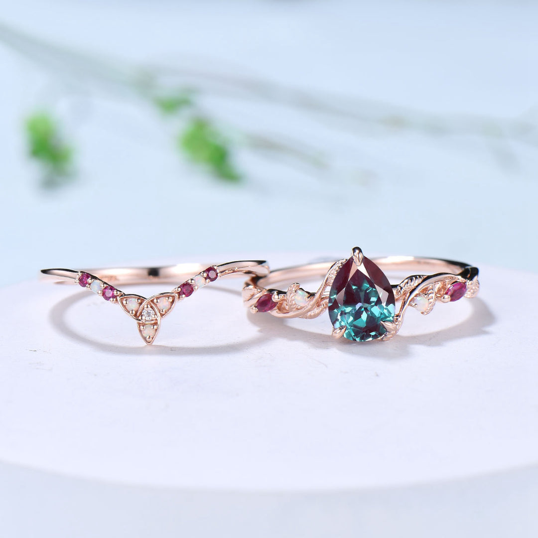 Vintage Pear Shaped Alexandrite Engagement Ring Set Nature Inspired Opal Ruby Wedding Ring Set Unique Celtic Norse Viking Bridal Ring Set - PENFINE