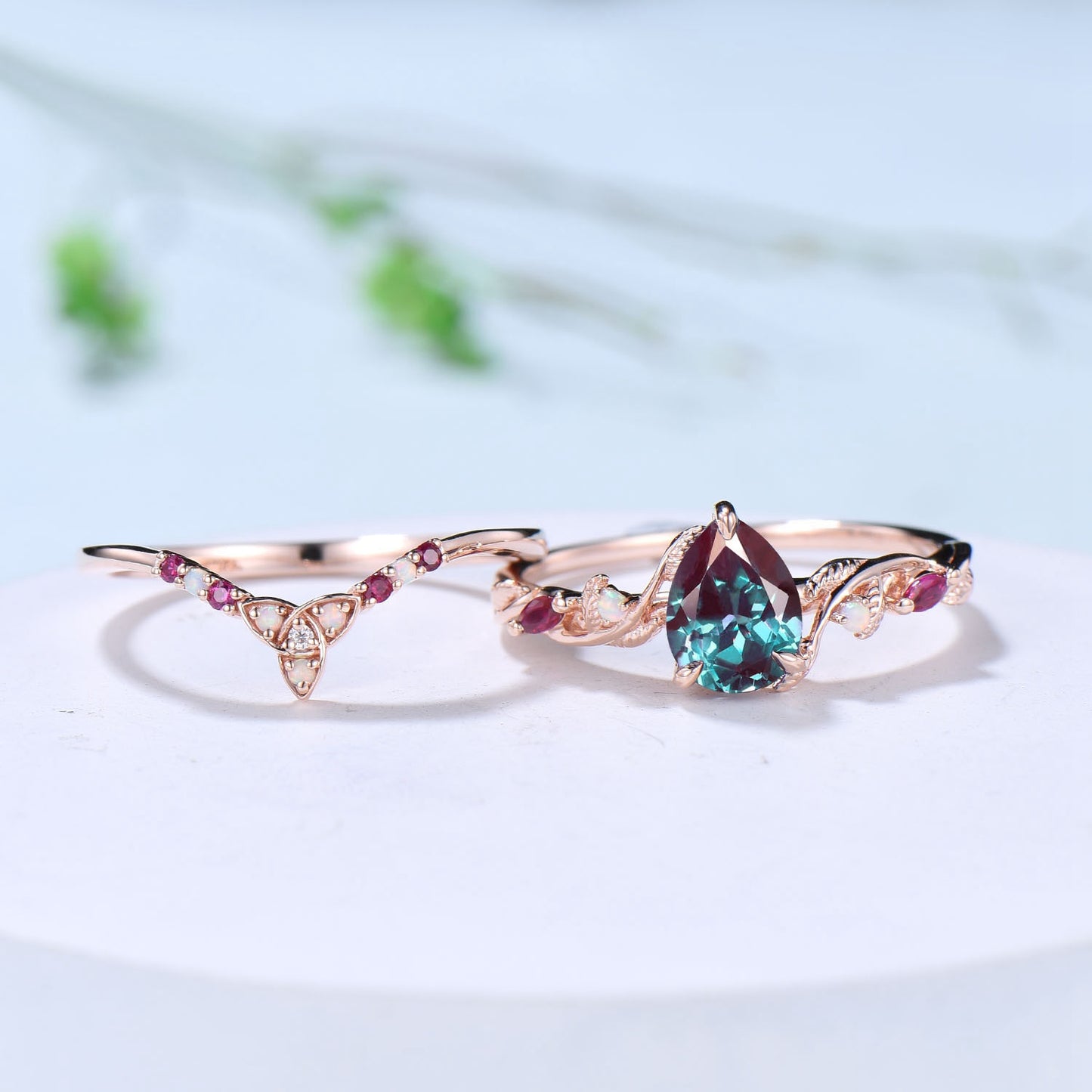Vintage Pear Shaped Alexandrite Engagement Ring Set Nature Inspired Opal Ruby Wedding Ring Set Unique Celtic Norse Viking Bridal Ring Set - PENFINE