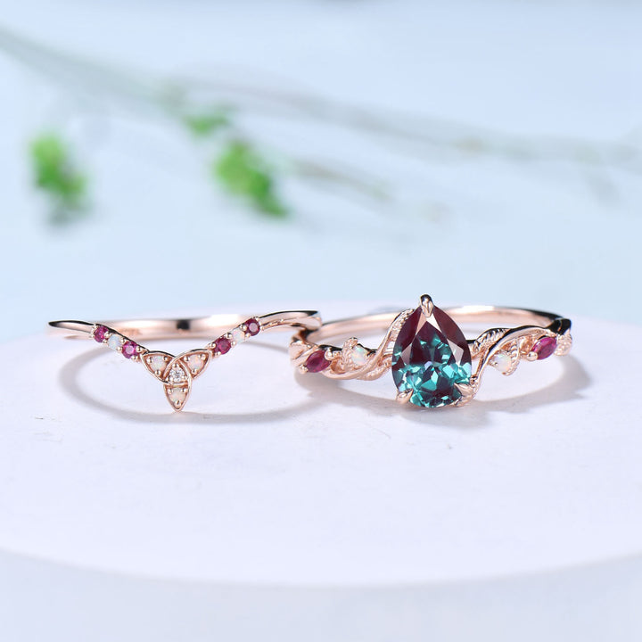 Vintage Pear Shaped Alexandrite Engagement Ring Set Nature Inspired Opal Ruby Wedding Ring Set Unique Celtic Norse Viking Bridal Ring Set - PENFINE