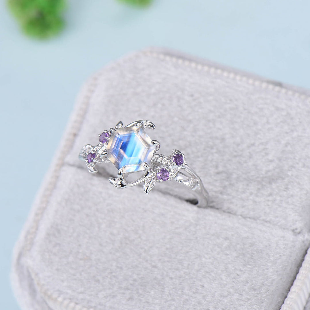 Elegant Moonstone Ring Vintage Unique Twig Engagement Ring Leaf Cluster Amethyst Wedding Women Rainbow Blue Nature inspired Branch Ring - PENFINE