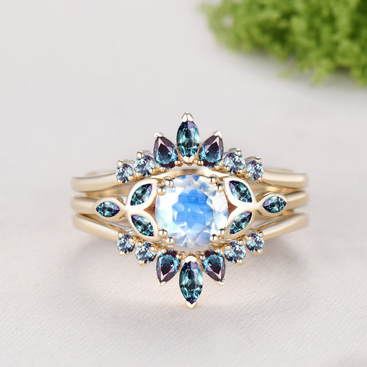Round Cut Moonstone Engagement Ring Color-change Alexandrite Ring Enhancer Bezel Setting Bridal Set