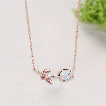 Dainty Opal Tulip Necklace, Nature Inspired Rose Gold Flower Leaf Vine Amethyst Pendant