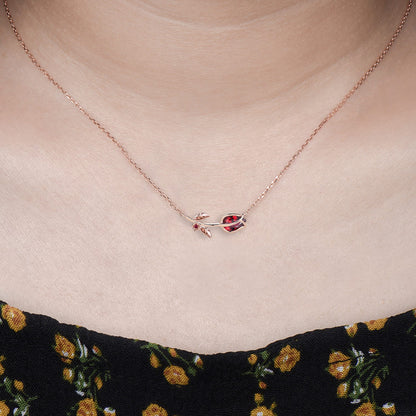 Dainty Ruby Tulip Necklace, Nature Inspired Flower Leaf Vine Rose Pendant