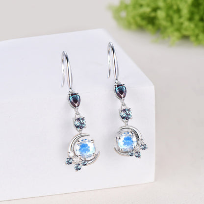 5mm Round Cut Natural Moonstone Earrings for Women, Crescent Moon Alexandrite Moonstone Earrings, June Birthstone Jewelry