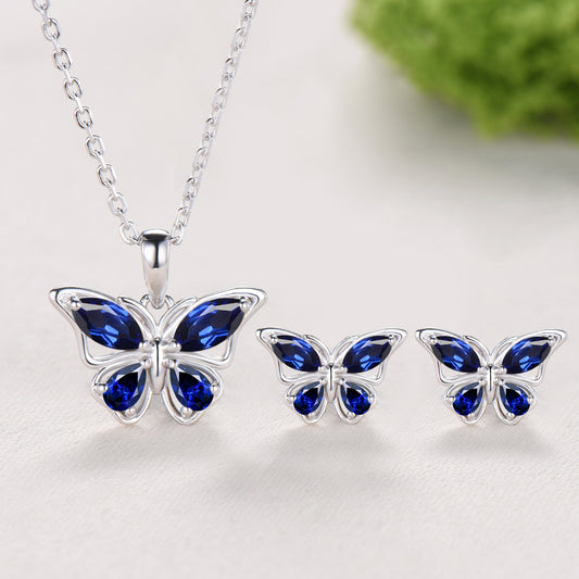 Elegant Marquise Pear Sapphire Butterfly Jewelry Set Blue Sapphire Pendant Fairy Wings Stud Earrings