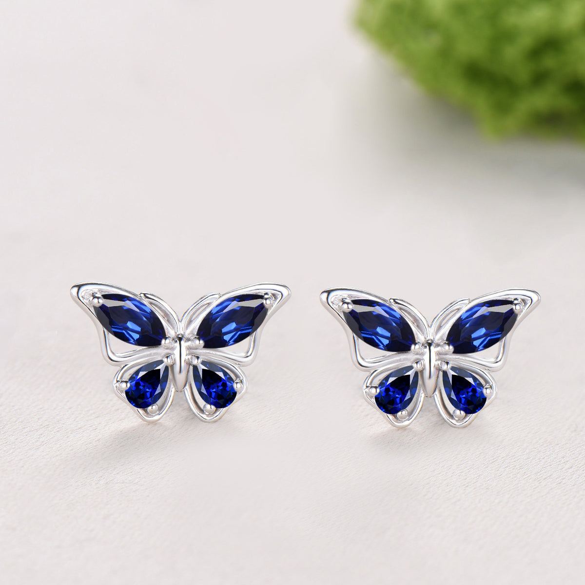 Elegant Marquise Pear Sapphire Butterfly Jewelry Set Blue Sapphire Pendant Fairy Wings Stud Earrings