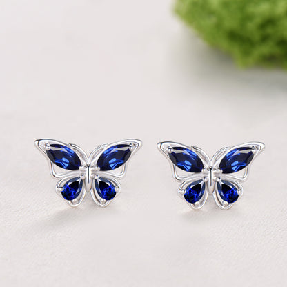 Elegant Marquise Pear Sapphire Butterfly Jewelry Set Blue Sapphire Pendant Fairy Wings Stud Earrings