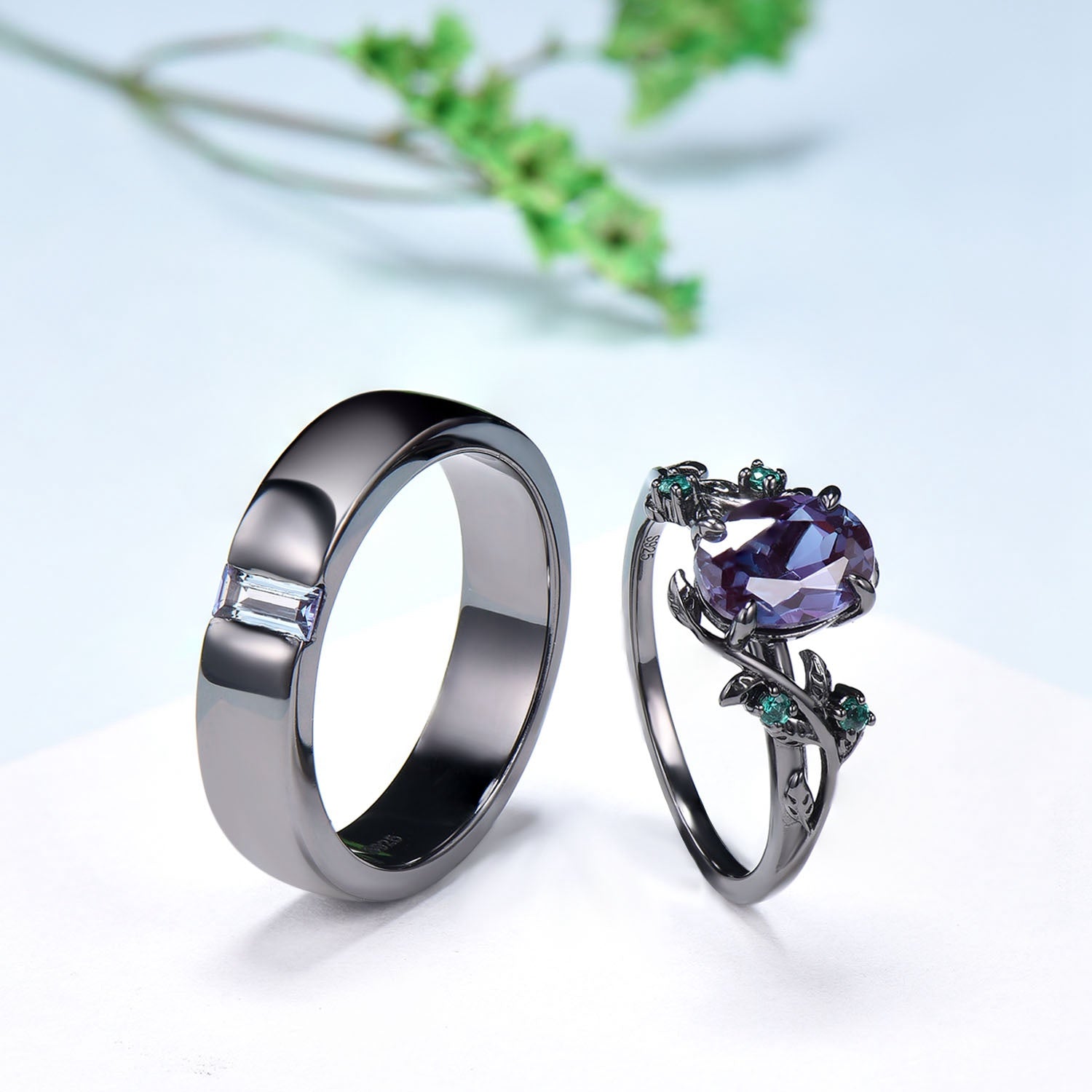 Couples ring set 14k black gold alexandrite wedding rings set twig ring men and women His Hers engagement ring nature inspired Promise gift - PENFINE