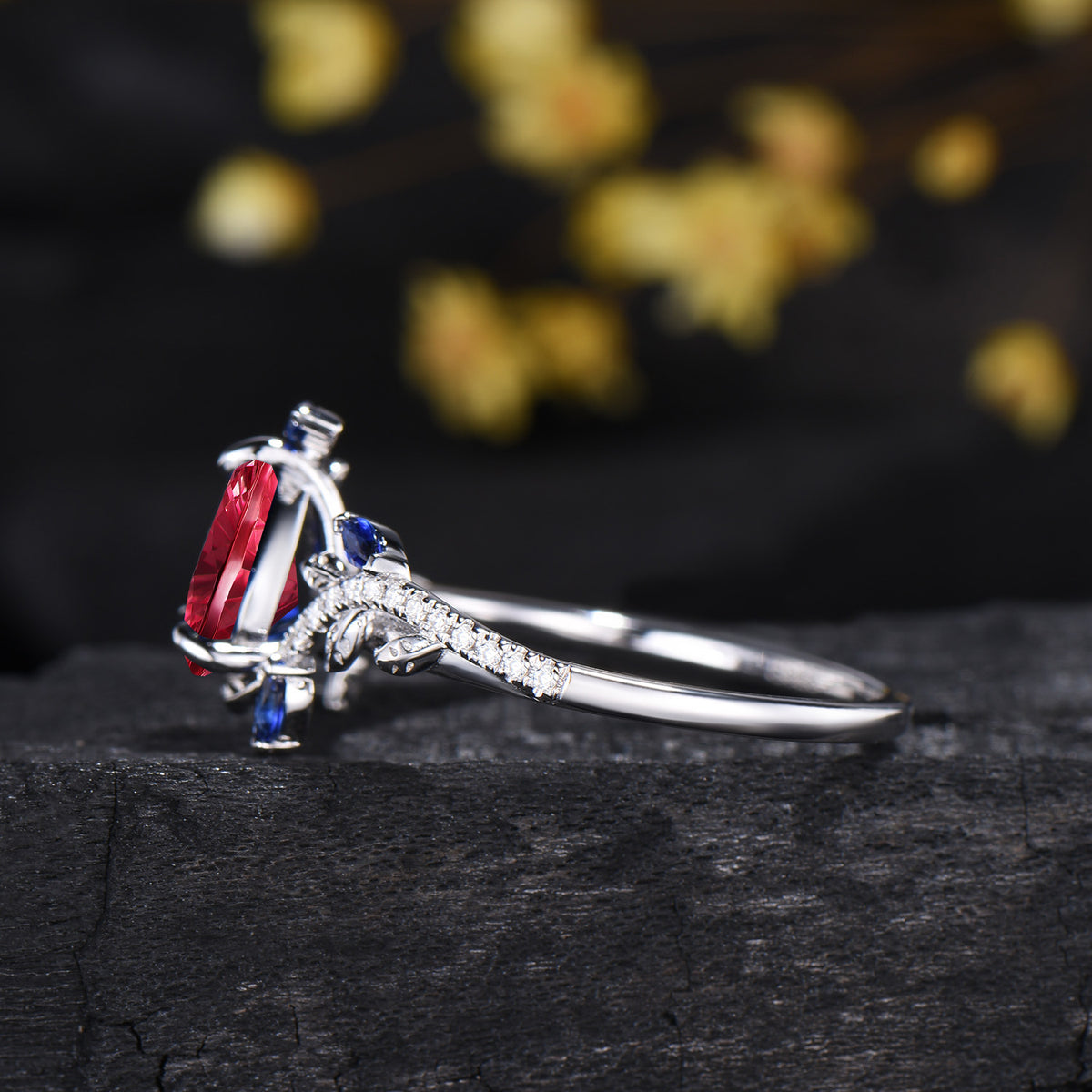 Teardrop Shaped Fantasy Cut Ruby Leaf Engagement Ring Sapphire Diamond Nature Inspired Ring