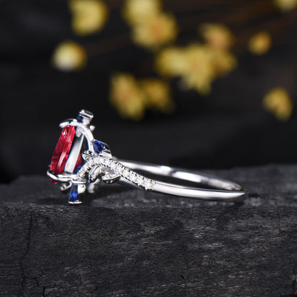 Teardrop Shaped Fantasy Cut Ruby Leaf Engagement Ring Sapphire Diamond Nature Inspired Ring