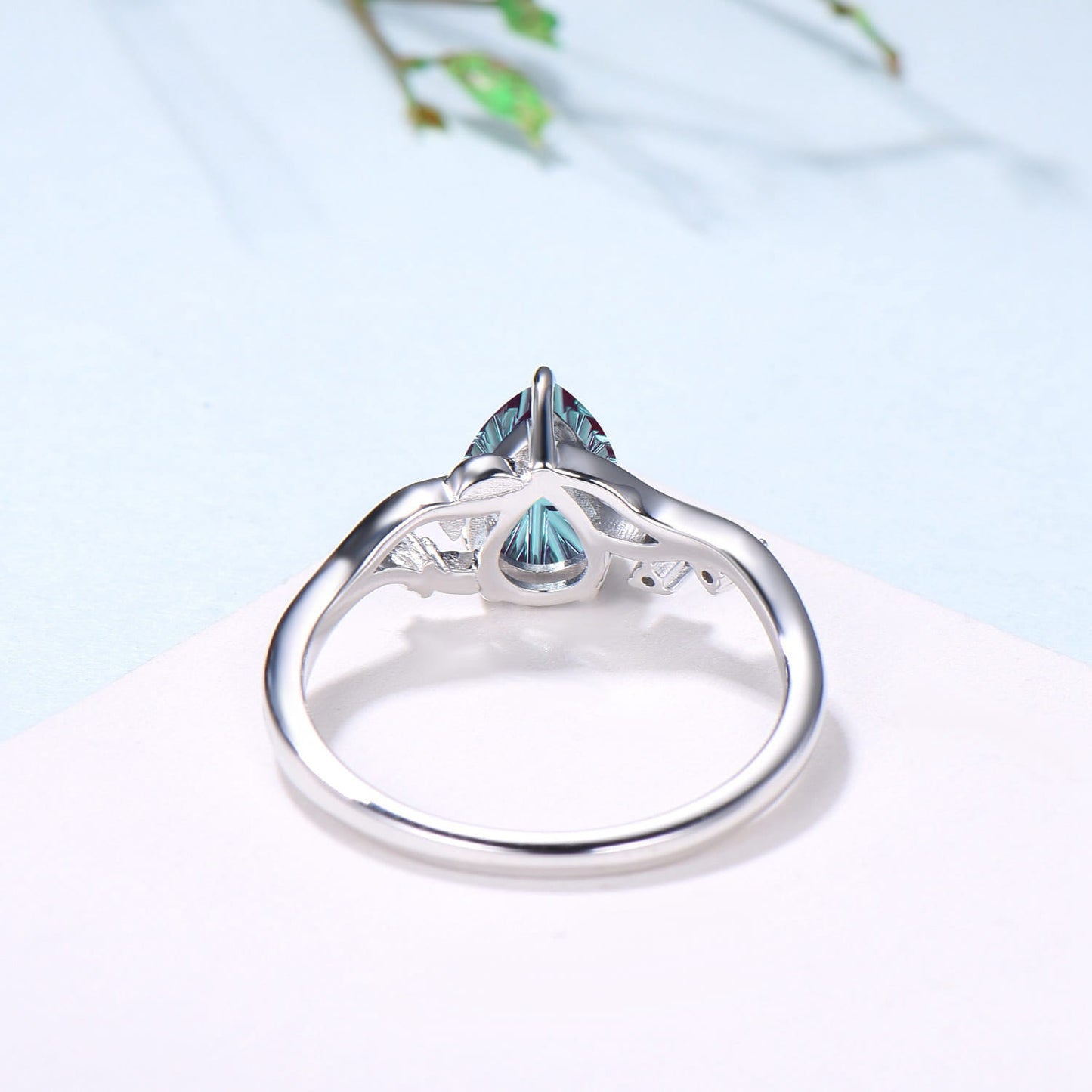 Leaf Vine Pear Shaped Starbrite Cut Alexandrite Engagement Ring Nature Inspired Twig White Gold Ring