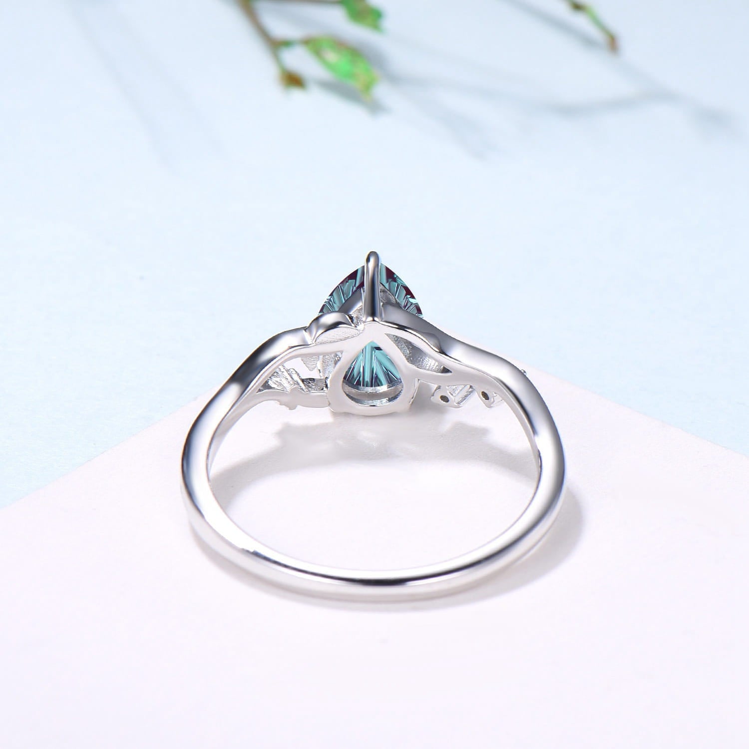 Leaf Vine Pear Shaped Starbrite Cut Alexandrite Engagement Ring Nature Inspired Twig White Gold Ring