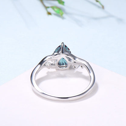 Leaf Vine Pear Shaped Starbrite Cut Alexandrite Engagement Ring Nature Inspired Twig White Gold Ring