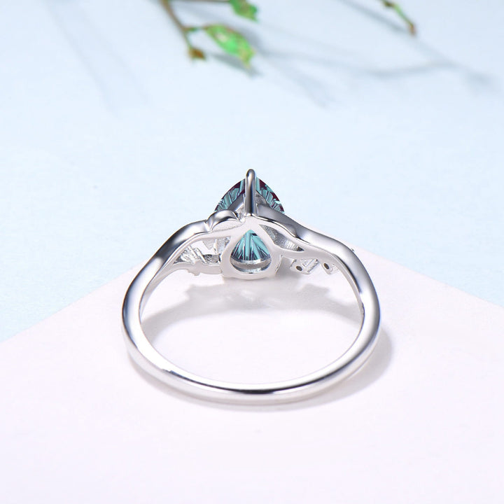 Leaf Vine Pear Shaped Starbrite Cut Alexandrite Engagement Ring Nature Inspired Twig White Gold Ring