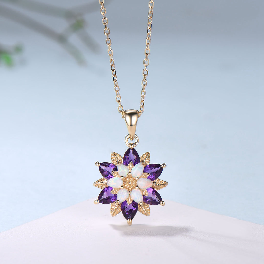 Unique Sunflower White Opal Amethyst Necklace Elegant Natural Inspired Double Halo Floral Pendant Leaf Vine Anniversary Promise Gift - PENFINE