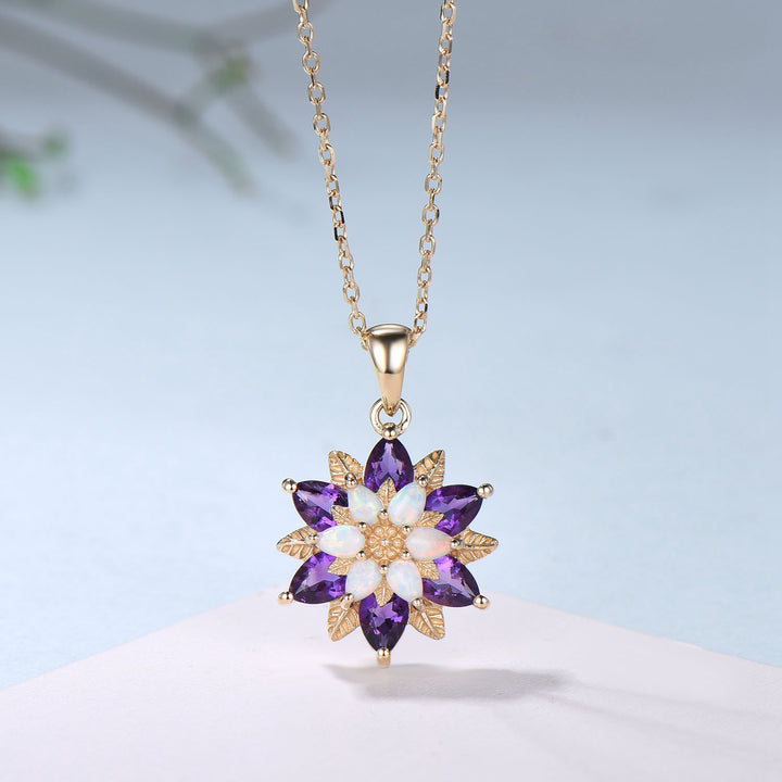 Unique Sunflower White Opal Amethyst Necklace Elegant Natural Inspired Double Halo Floral Pendant Leaf Vine Anniversary Promise Gift - PENFINE