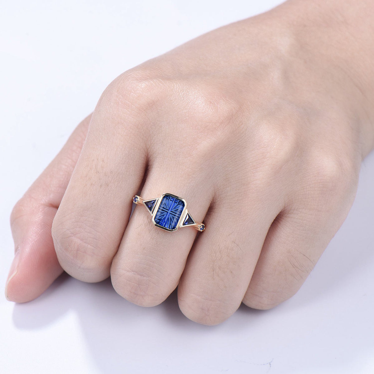 2CT Emerald Shaped Fantasy Cut Sapphire Bezel Set Engagement Ring 5 Stone Ring