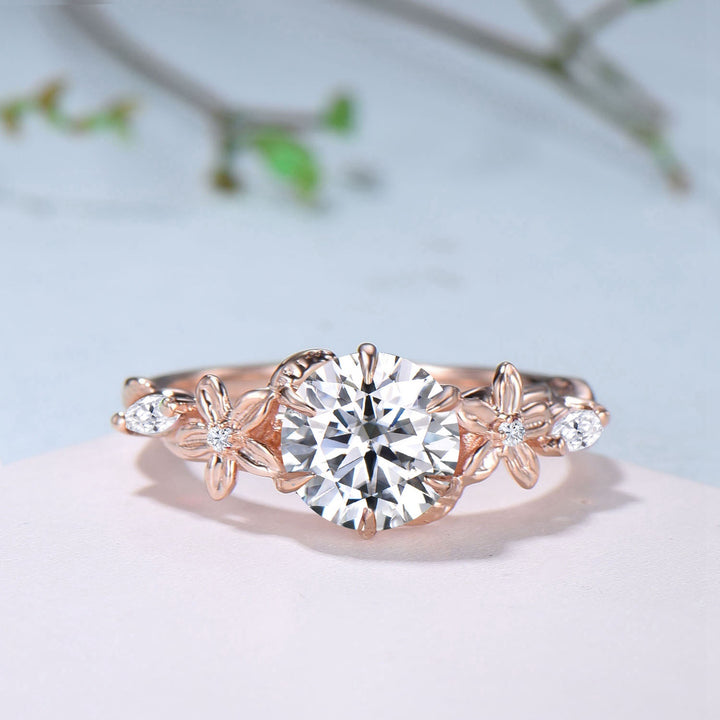 Unique 1 Carat Round Brilliant Lab Grown Diamond Ring Flower Moissanite Engagement Ring Rose Gold Bridal Nature Inspired Wedding Bridal Set - PENFINE