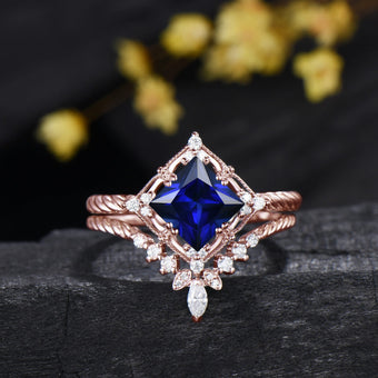 Princess Cut Sapphire Engagement Ring Diamond Matching Band Twisted Bridal Ring Set