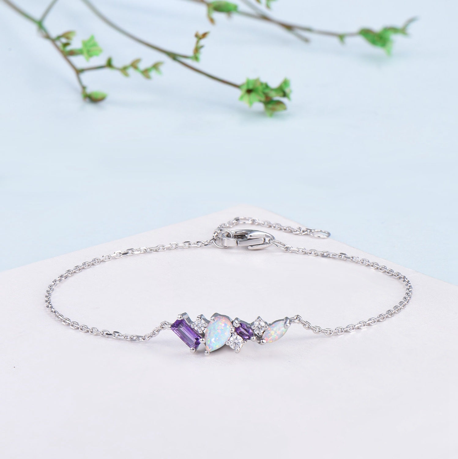 Dainty Pear Shaped White Opal Bracelet Multi-Stone Baguette Amethyst Moissanite Lobster Claw Bracelet Silver Gold Art Deco Anniversary Gift - PENFINE