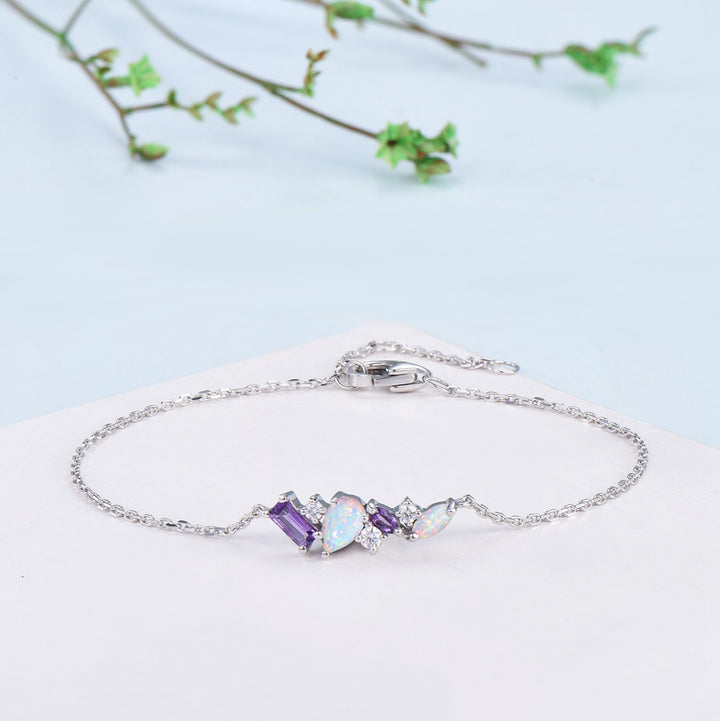 Dainty Pear Shaped White Opal Bracelet Multi-Stone Baguette Amethyst Moissanite Lobster Claw Bracelet Silver Gold Art Deco Anniversary Gift - PENFINE