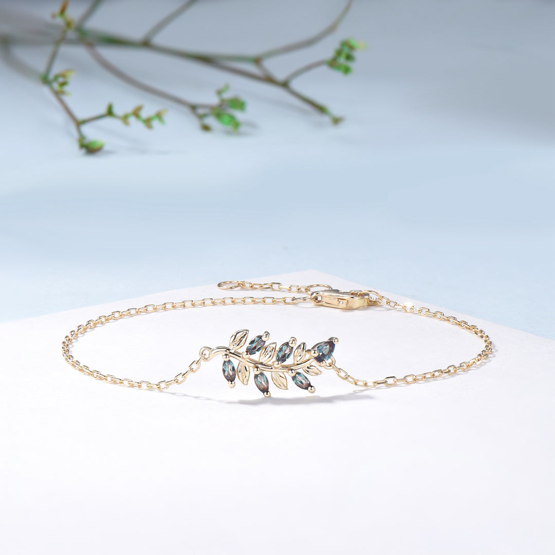 Minimalist marquise cut alexandrite bracelet leaves branch nature inspired color change dainty bracelet Vintage Stackable Bracelet For Women - PENFINE