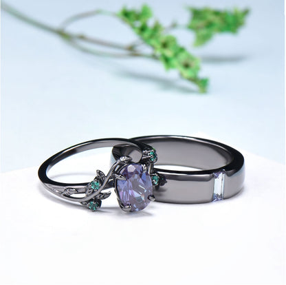 Couples ring set 14k black gold alexandrite wedding rings set twig ring men and women His Hers engagement ring nature inspired Promise gift - PENFINE