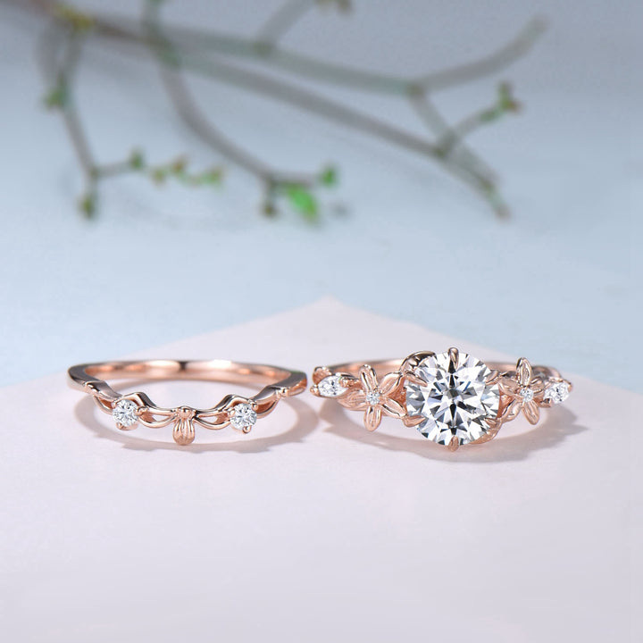 Unique 1 Carat Round Brilliant Lab Grown Diamond Ring Flower Moissanite Engagement Ring Rose Gold Bridal Nature Inspired Wedding Bridal Set - PENFINE