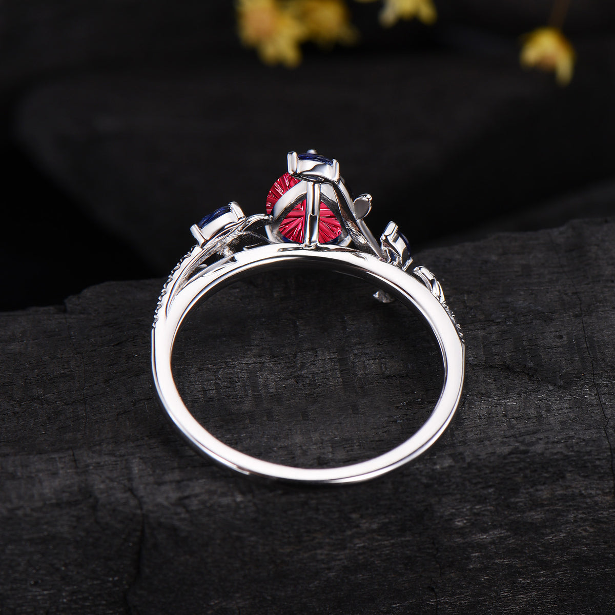Teardrop Shaped Fantasy Cut Ruby Leaf Engagement Ring Sapphire Diamond Nature Inspired Ring