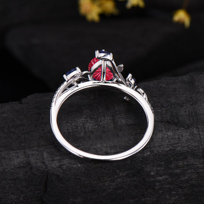 Teardrop Shaped Fantasy Cut Ruby Leaf Engagement Ring Sapphire Diamond Nature Inspired Ring