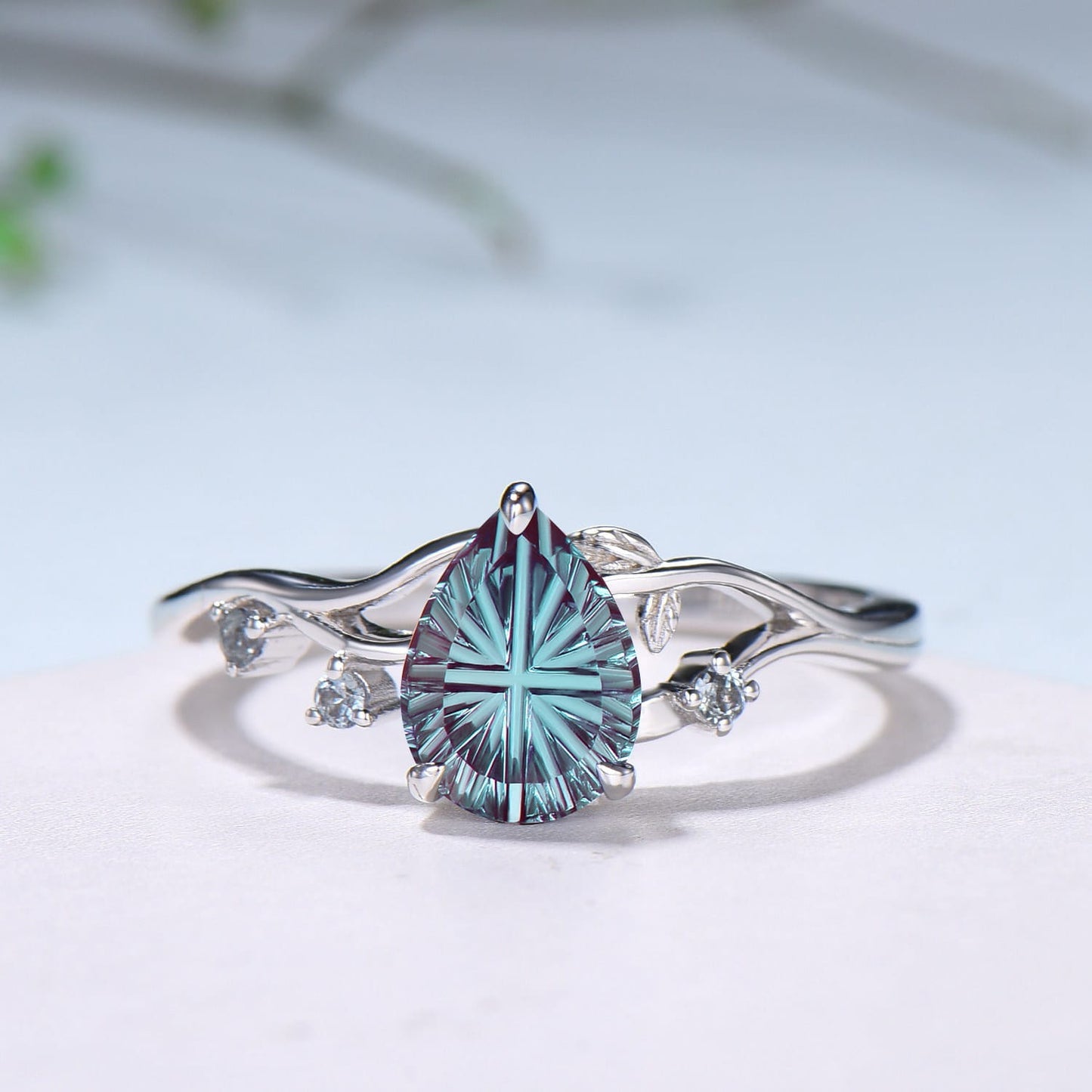 Leaf Vine Pear Shaped Starbrite Cut Alexandrite Engagement Ring Nature Inspired Twig White Gold Ring