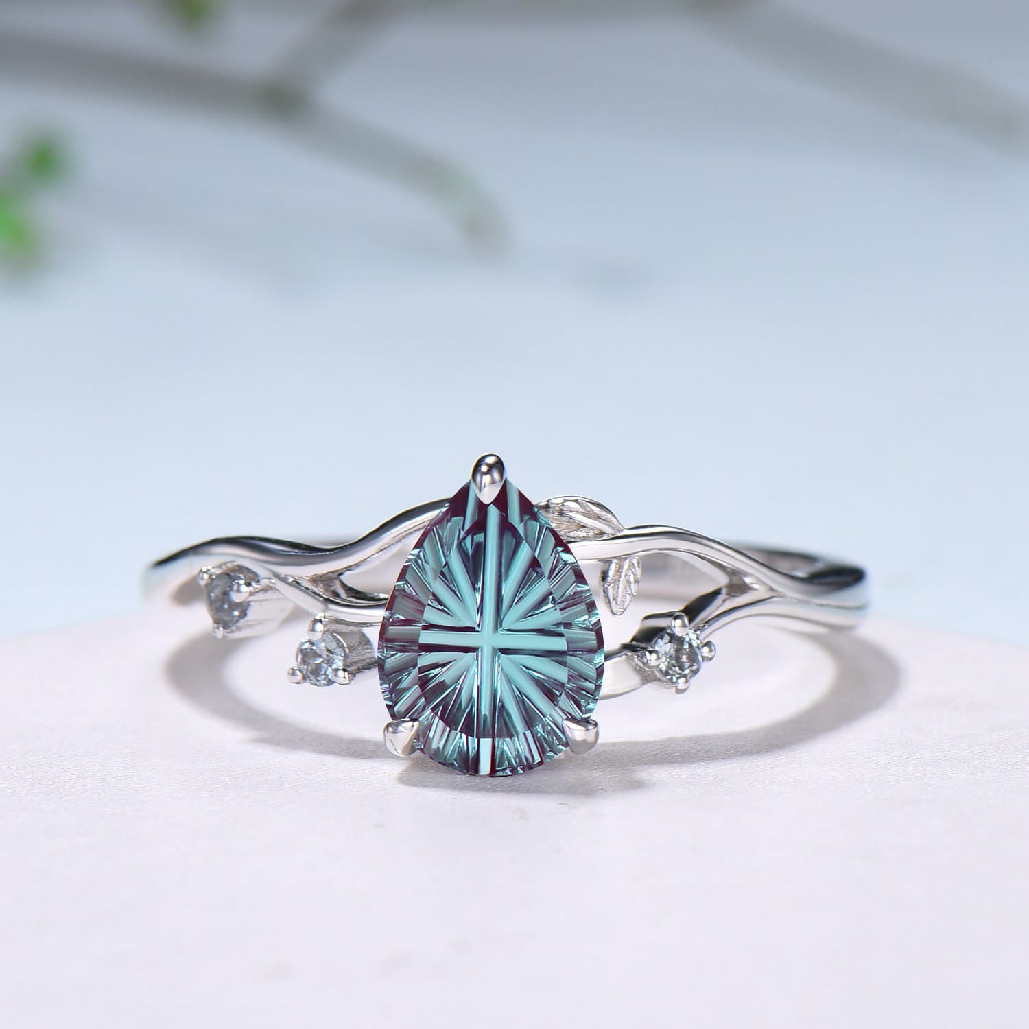Leaf Vine Pear Shaped Starbrite Cut Alexandrite Engagement Ring Nature Inspired Twig White Gold Ring