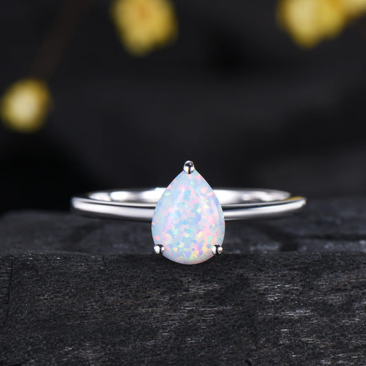 Dainty fire opal wedding set solitaire white opal engagement ring rose gold minimalist October birthstone pendant necklace opal earrings