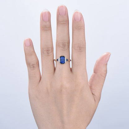 2CT Emerald Shaped Fantasy Cut Sapphire Bezel Set Engagement Ring 5 Stone Ring