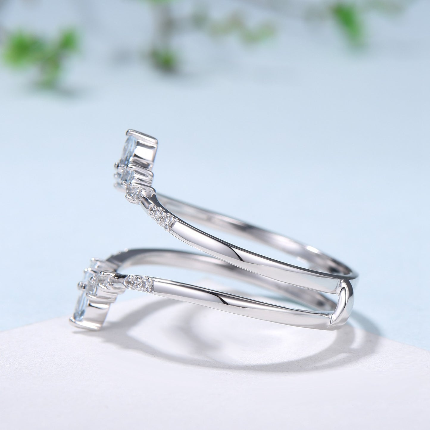 Aquamarine Curved Wedding Band Enhancer, White Gold Nesting Ring Jacket - PENFINE