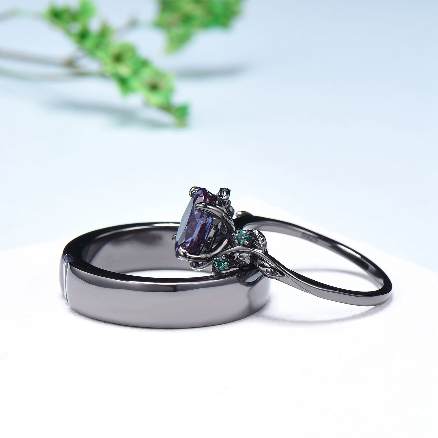 Couples ring set 14k black gold alexandrite wedding rings set twig ring men and women His Hers engagement ring nature inspired Promise gift - PENFINE