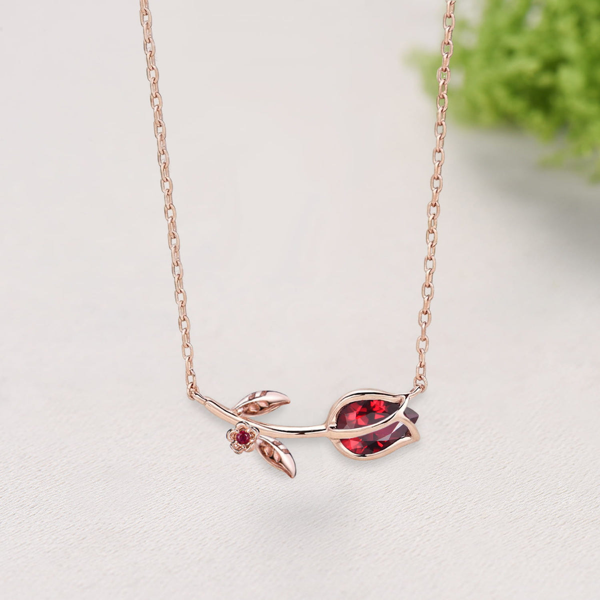 Dainty Ruby Tulip Necklace, Nature Inspired Flower Leaf Vine Rose Pendant