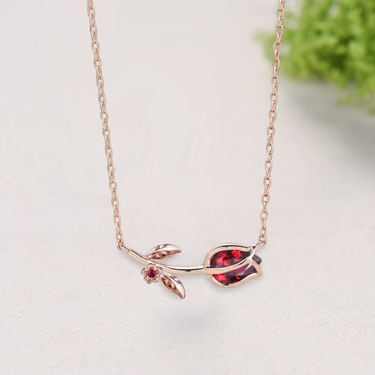Dainty Ruby Tulip Necklace, Nature Inspired Flower Leaf Vine Rose Pendant