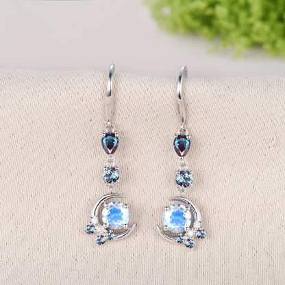 5mm Round Cut Natural Moonstone Earrings for Women, Crescent Moon Alexandrite Moonstone Earrings, June Birthstone Jewelry