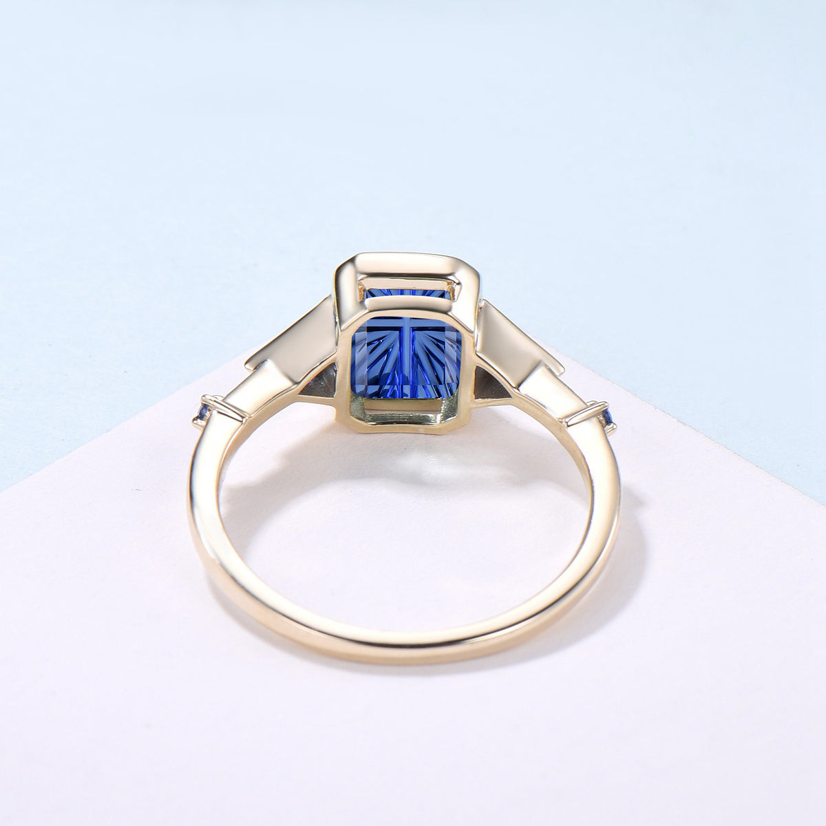 2CT Emerald Shaped Fantasy Cut Sapphire Bezel Set Engagement Ring 5 Stone Ring