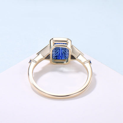 2CT Emerald Shaped Fantasy Cut Sapphire Bezel Set Engagement Ring 5 Stone Ring