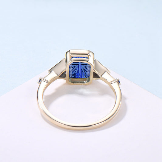 2CT Emerald Shaped Fantasy Cut Sapphire Bezel Set Engagement Ring 5 Stone Ring