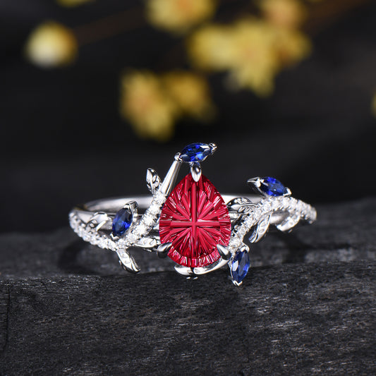 Teardrop Shaped Fantasy Cut Ruby Leaf Engagement Ring Sapphire Diamond Nature Inspired Ring