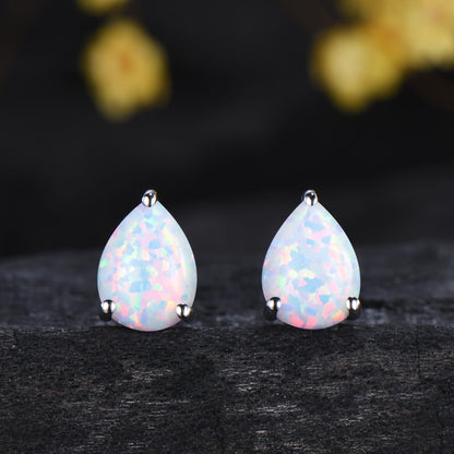 Dainty fire opal wedding set solitaire white opal engagement ring rose gold minimalist October birthstone pendant necklace opal earrings