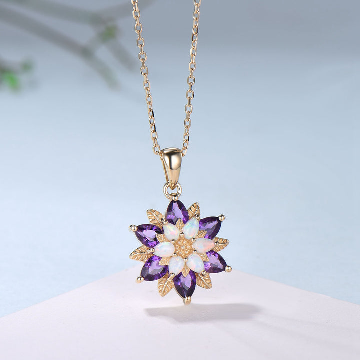 Unique Sunflower White Opal Amethyst Necklace Elegant Natural Inspired Double Halo Floral Pendant Leaf Vine Anniversary Promise Gift - PENFINE