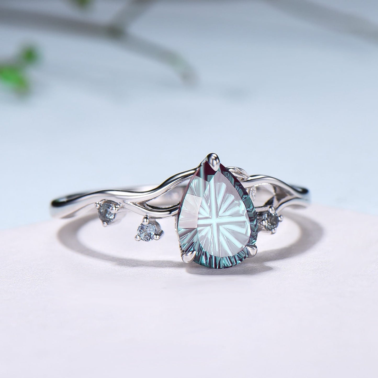 Leaf Vine Pear Shaped Starbrite Cut Alexandrite Engagement Ring Nature Inspired Twig White Gold Ring